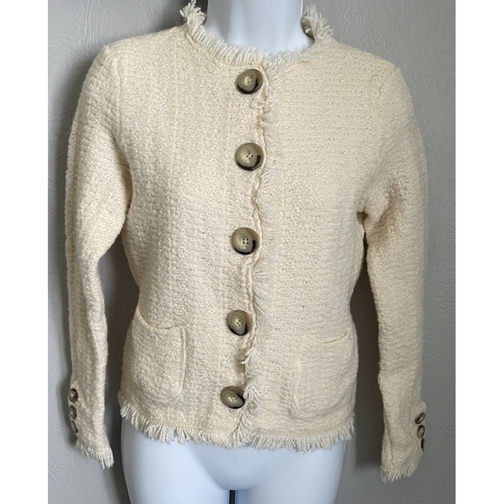 Talbots Sweater Jacket Boucle Alpaca Wool Fringe Hem Womens Large Cream Button